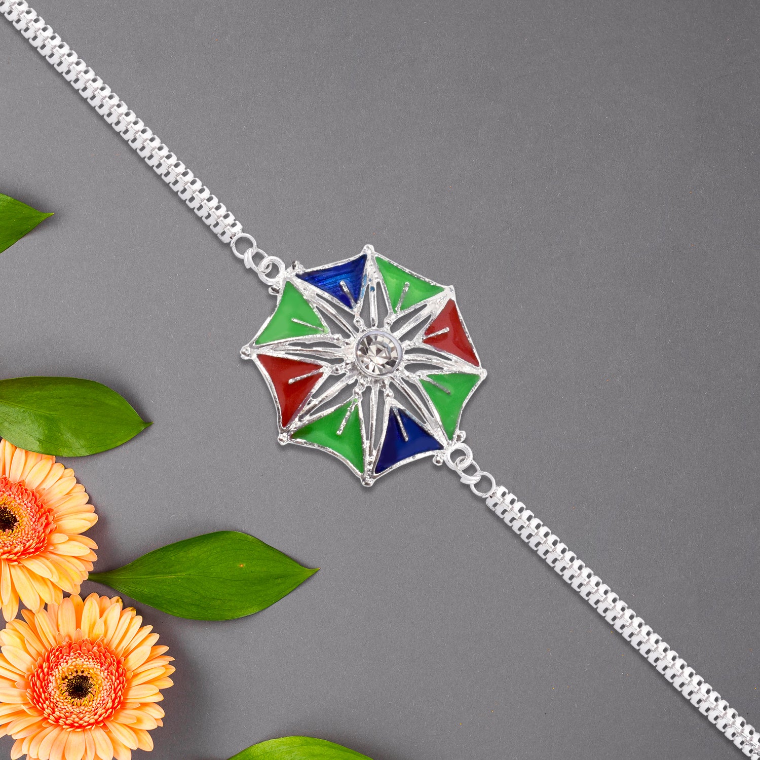 Colorful Star-shaped Rakhi With Central Stone Colorful Star-shaped Rakhi With Central Stone
